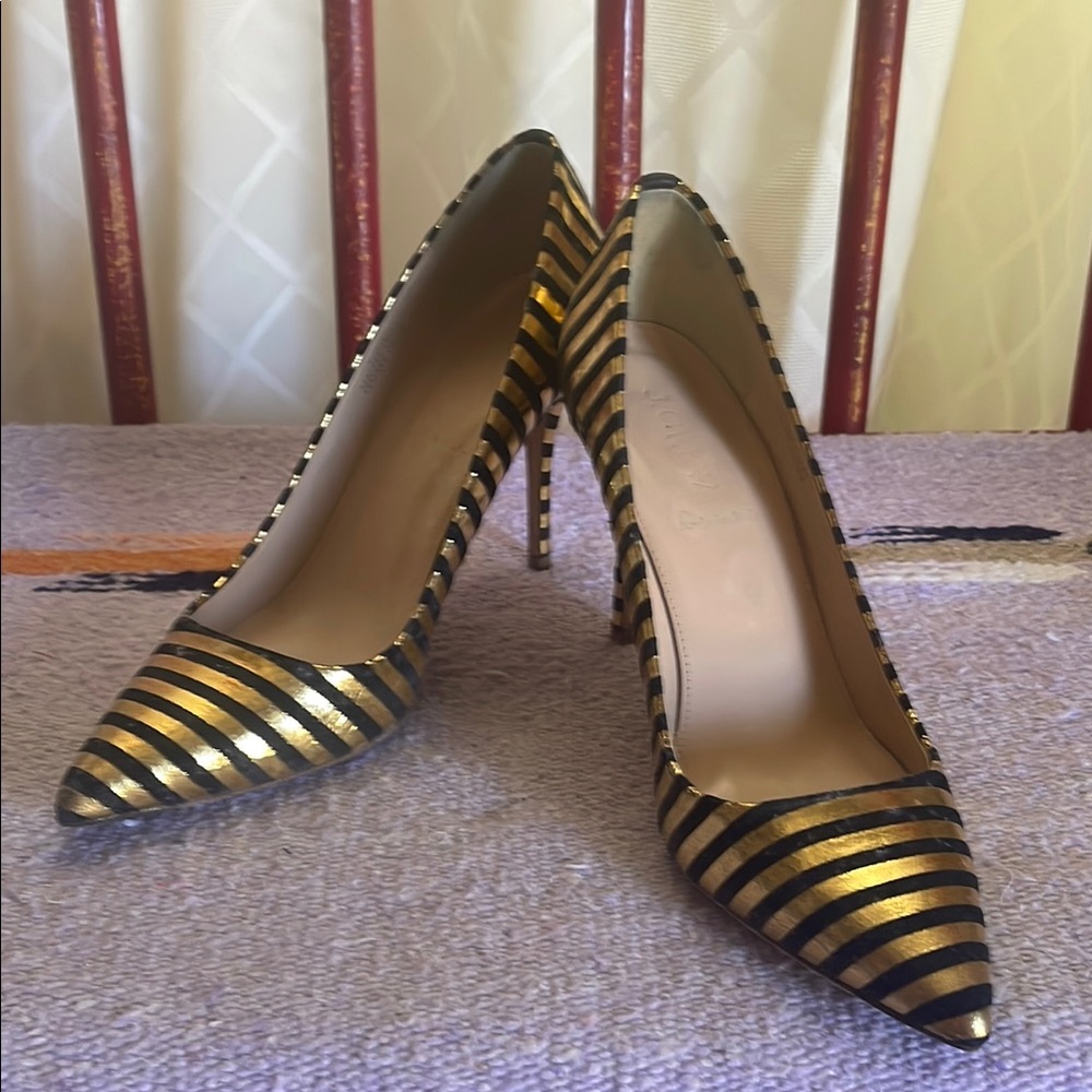Elegant J Crew Gold and Black Striped Shimmer Heels